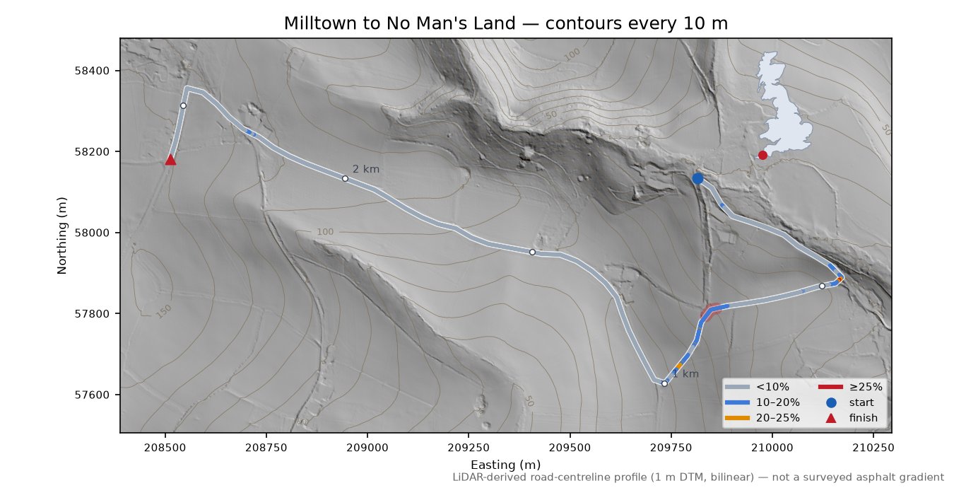 Milltown to No Man's Land LiDAR hillshade map with contours