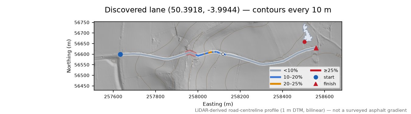 Discovered lane (50.3918, -3.9944) LiDAR hillshade map with contours