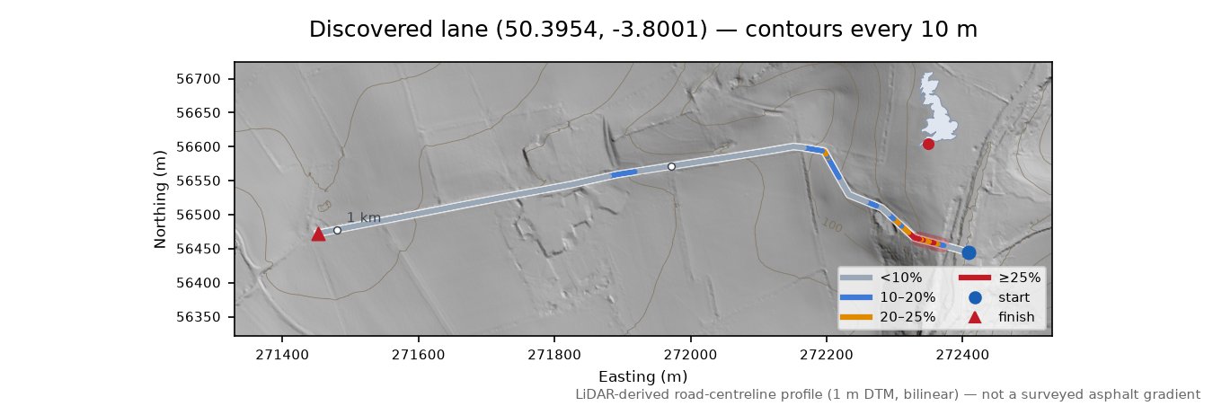 Discovered lane (50.3954, -3.8001) LiDAR hillshade map with contours