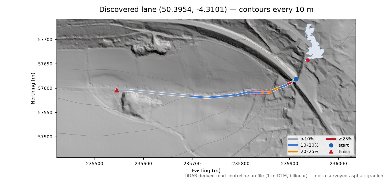 Discovered lane (50.3954, -4.3101) LiDAR hillshade map with contours
