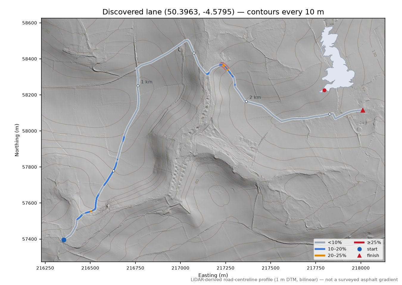 Discovered lane (50.3963, -4.5795) LiDAR hillshade map with contours