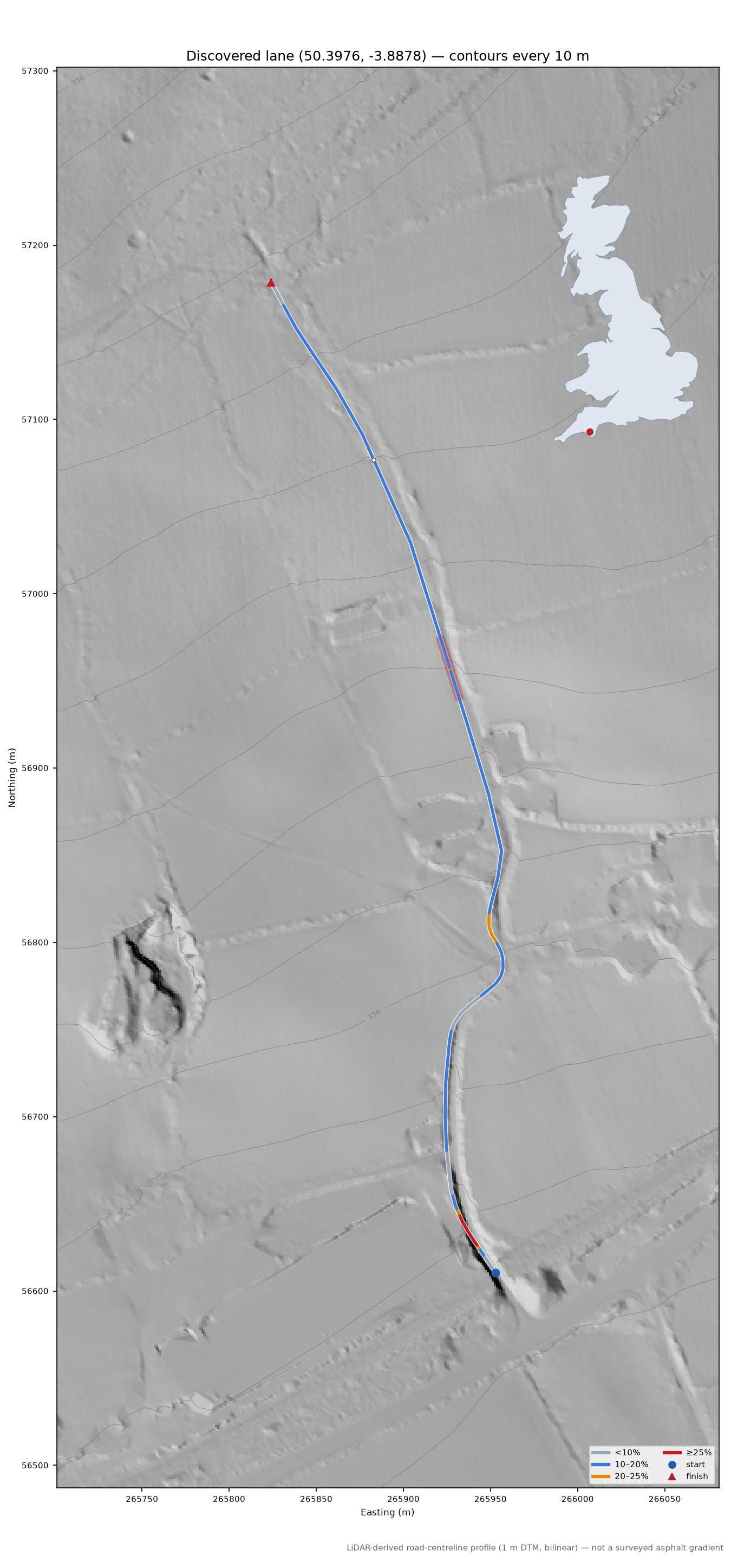 Discovered lane (50.3976, -3.8878) LiDAR hillshade map with contours