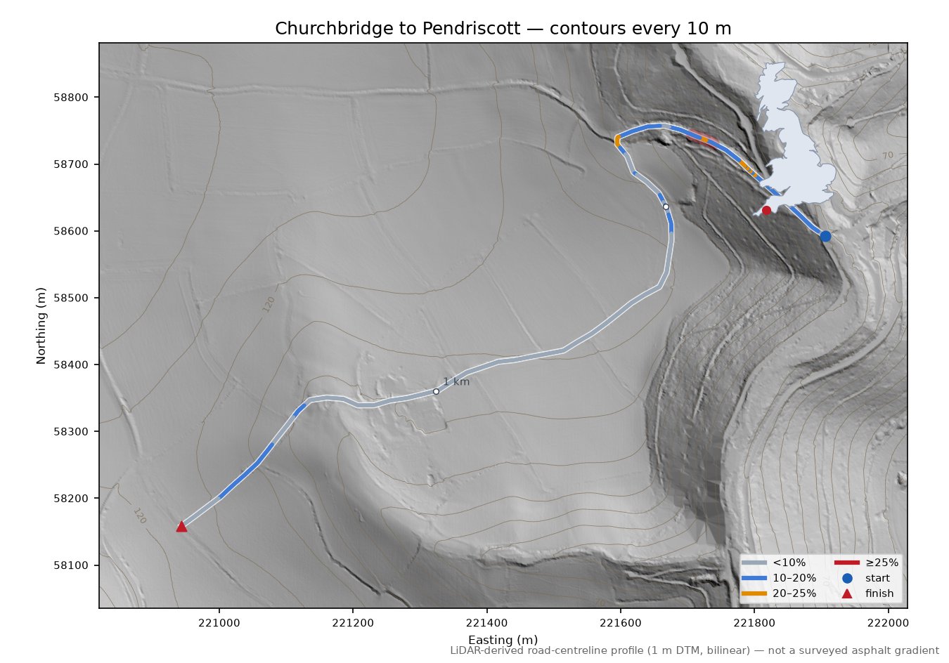 Churchbridge to Pendriscott LiDAR hillshade map with contours