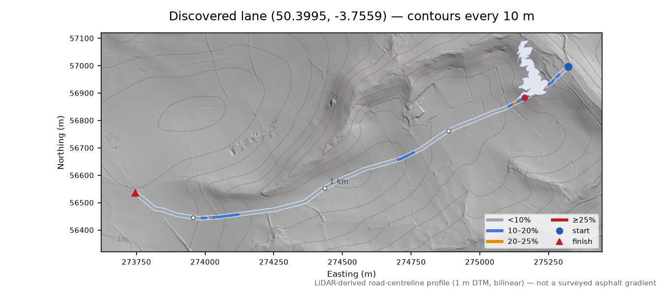 Discovered lane (50.3995, -3.7559) LiDAR hillshade map with contours