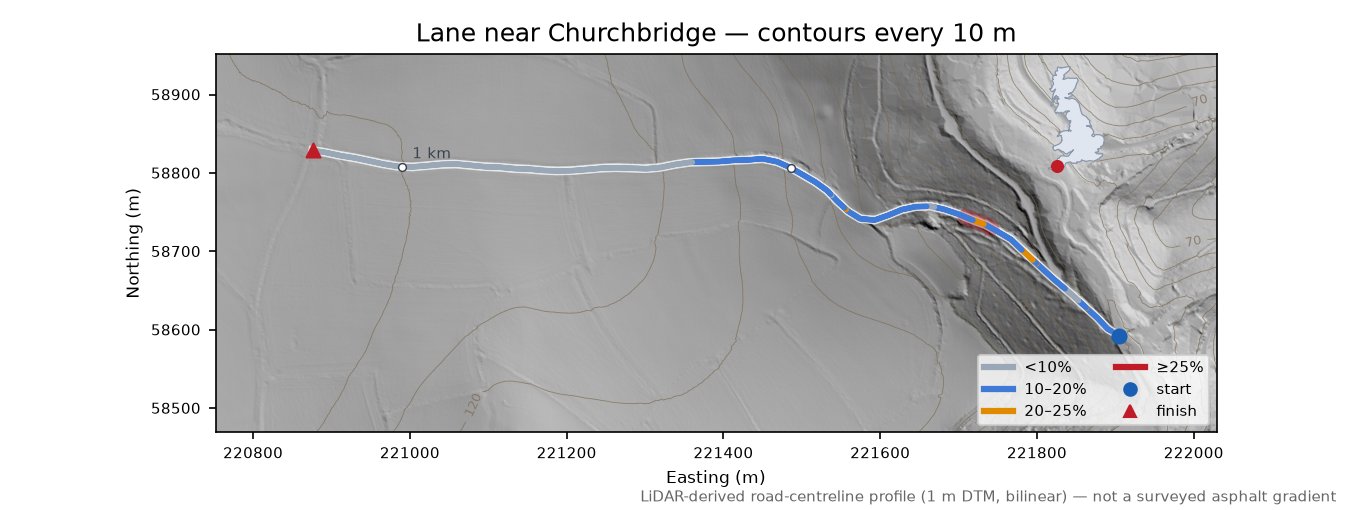Lane near Churchbridge LiDAR hillshade map with contours