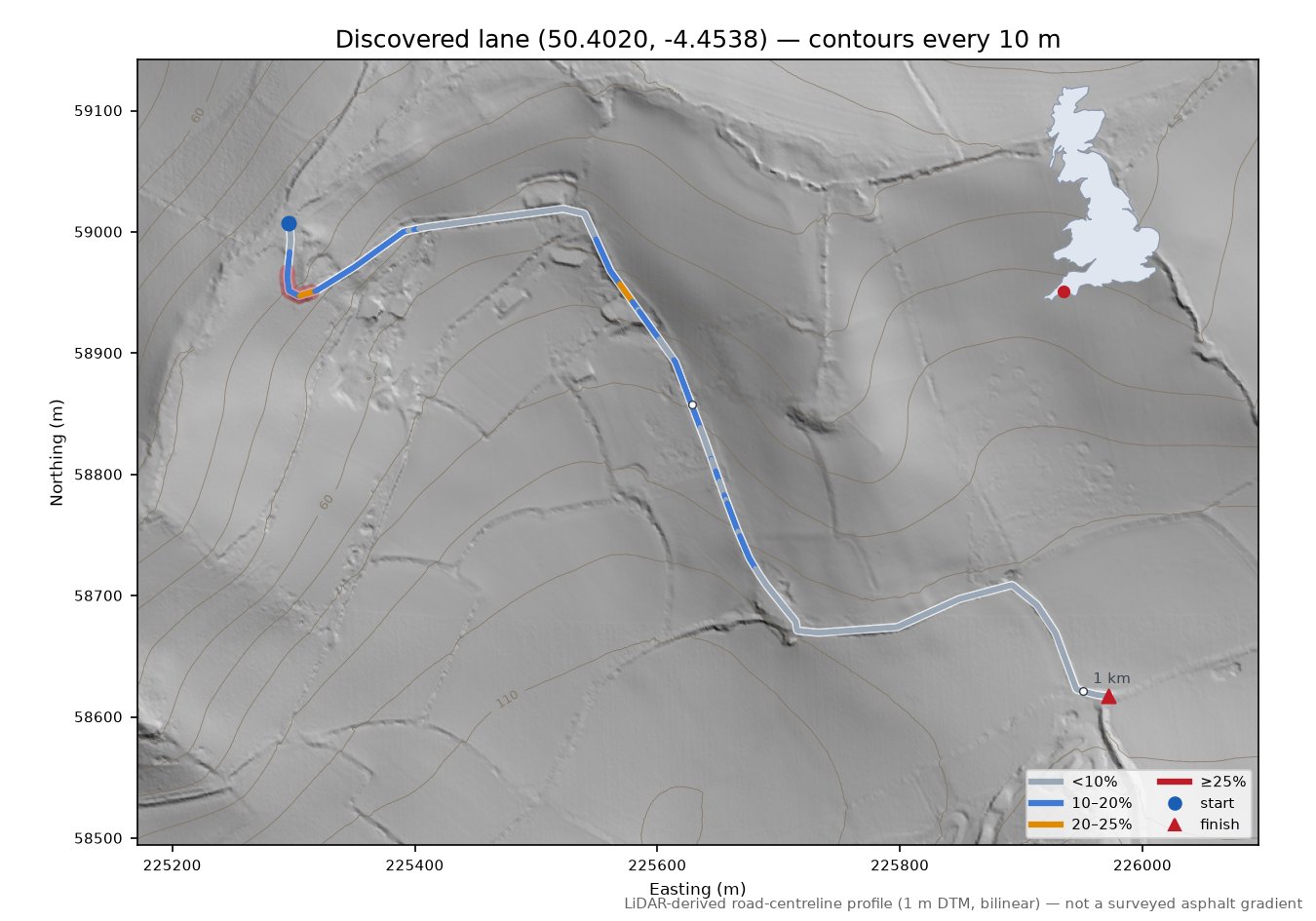 Discovered lane (50.4020, -4.4538) LiDAR hillshade map with contours
