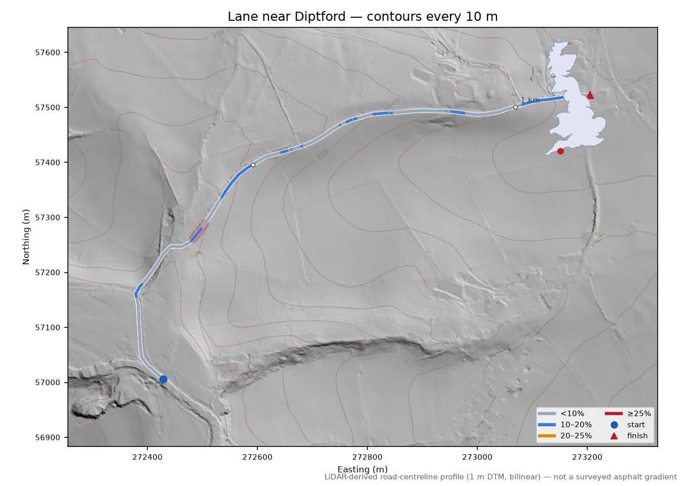 Lane near Diptford LiDAR hillshade map with contours