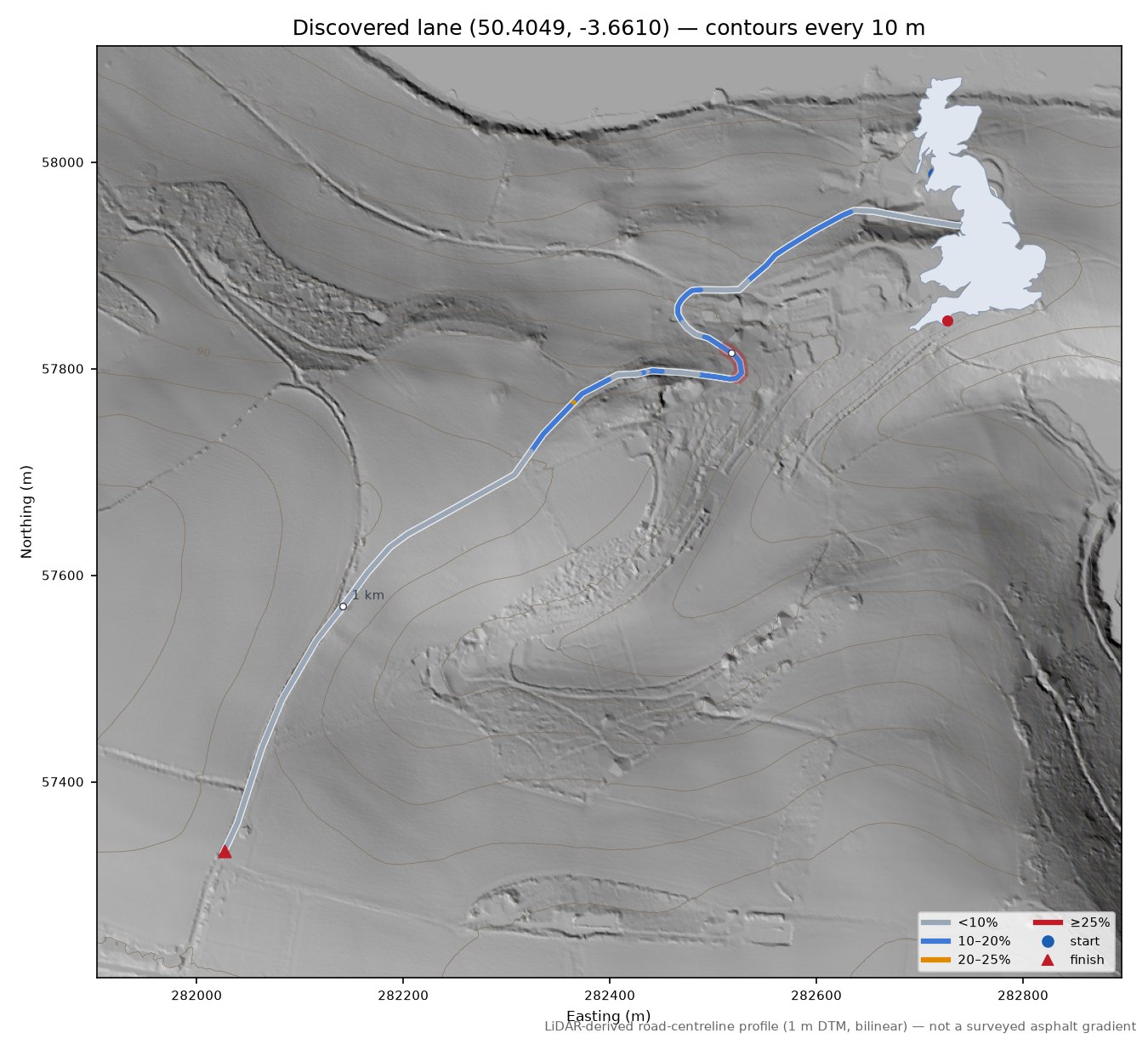 Discovered lane (50.4049, -3.6610) LiDAR hillshade map with contours