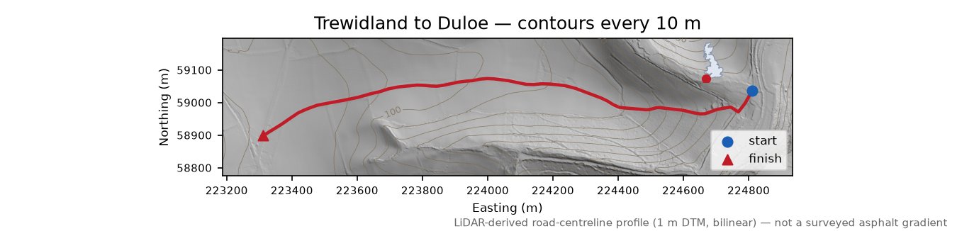 Trewidland to Duloe LiDAR hillshade map with contours