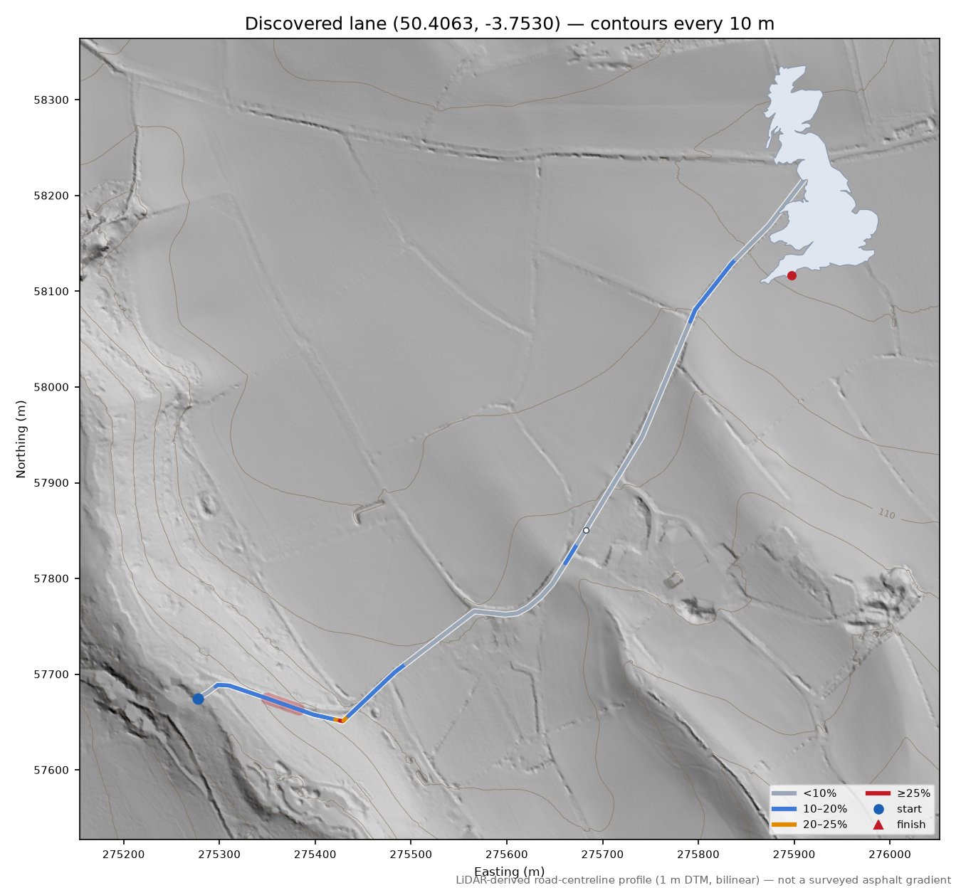 Discovered lane (50.4063, -3.7530) LiDAR hillshade map with contours