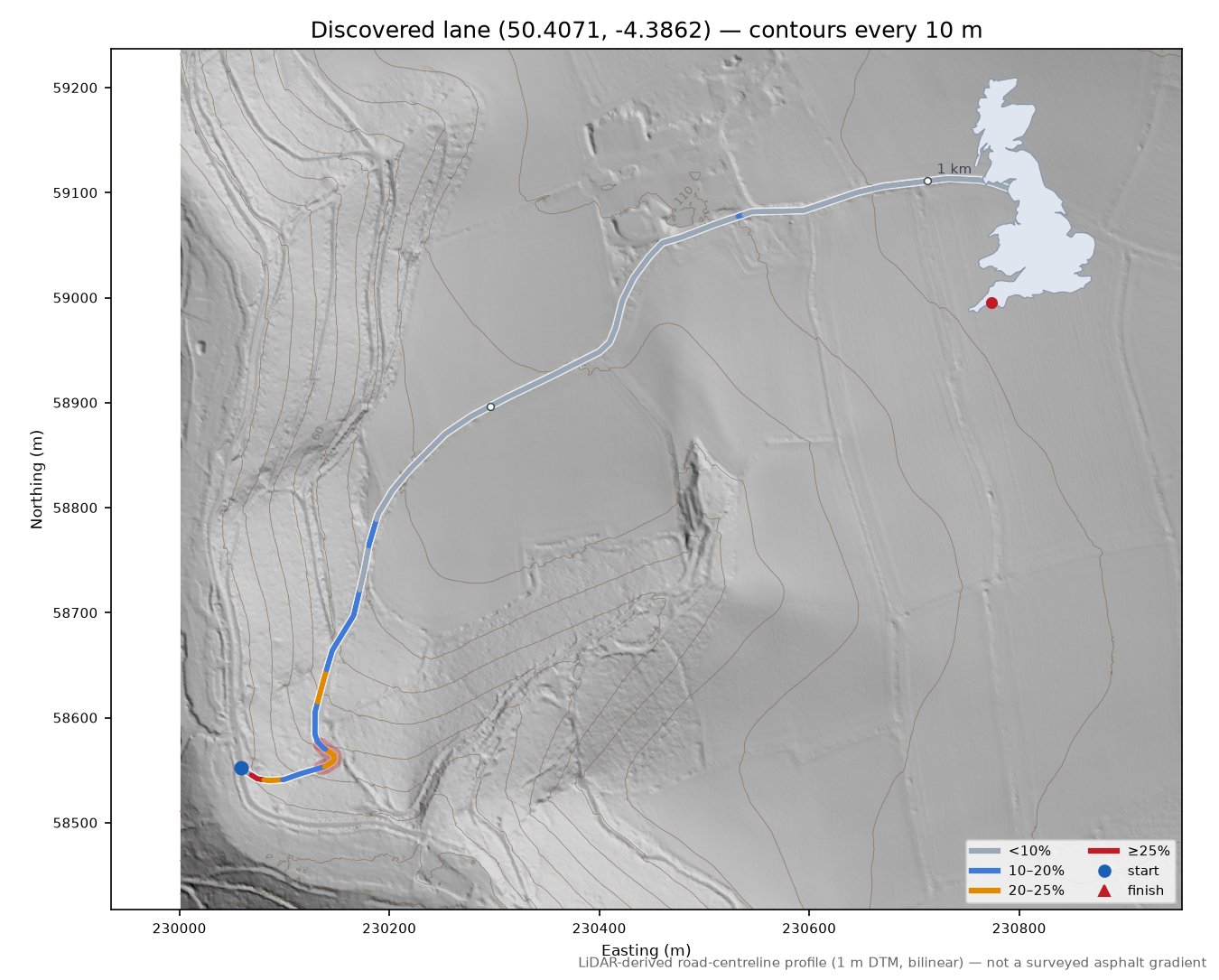 Discovered lane (50.4071, -4.3862) LiDAR hillshade map with contours