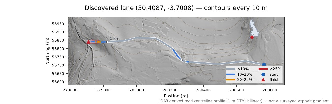 Discovered lane (50.4087, -3.7008) LiDAR hillshade map with contours