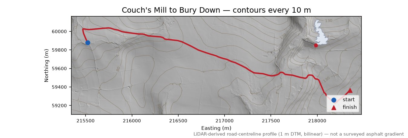 Couch's Mill to Bury Down LiDAR hillshade map with contours