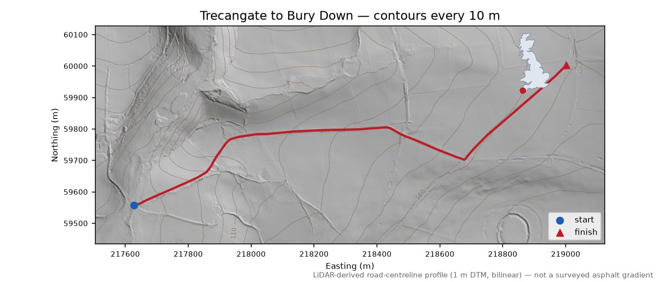 Trecangate to Bury Down LiDAR hillshade map with contours