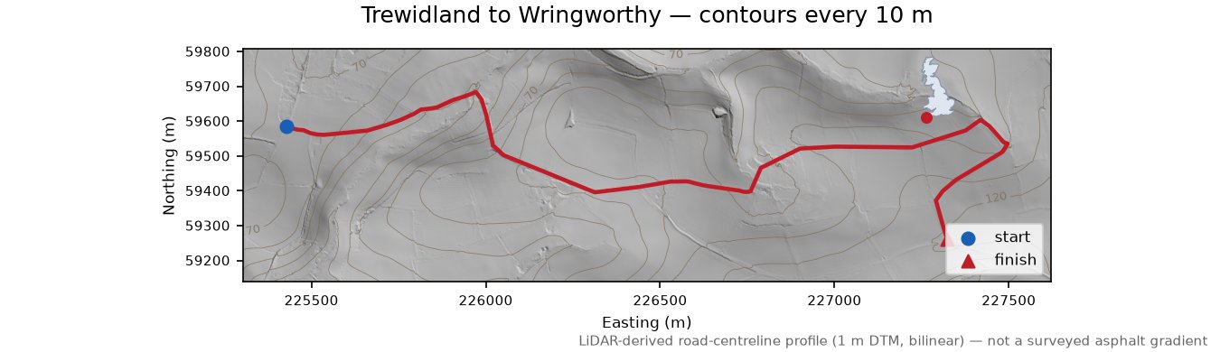 Trewidland to Wringworthy LiDAR hillshade map with contours