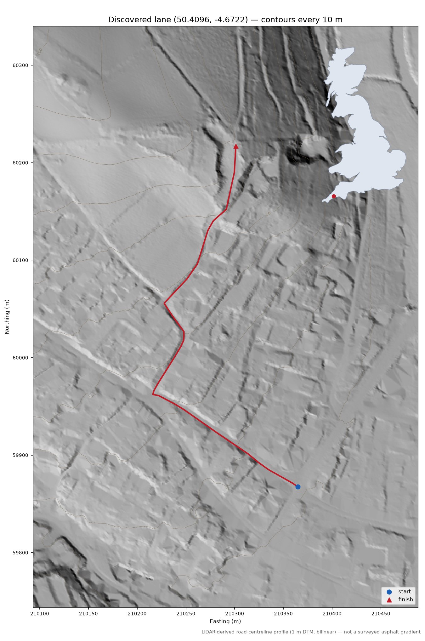 Discovered lane (50.4096, -4.6722) LiDAR hillshade map with contours