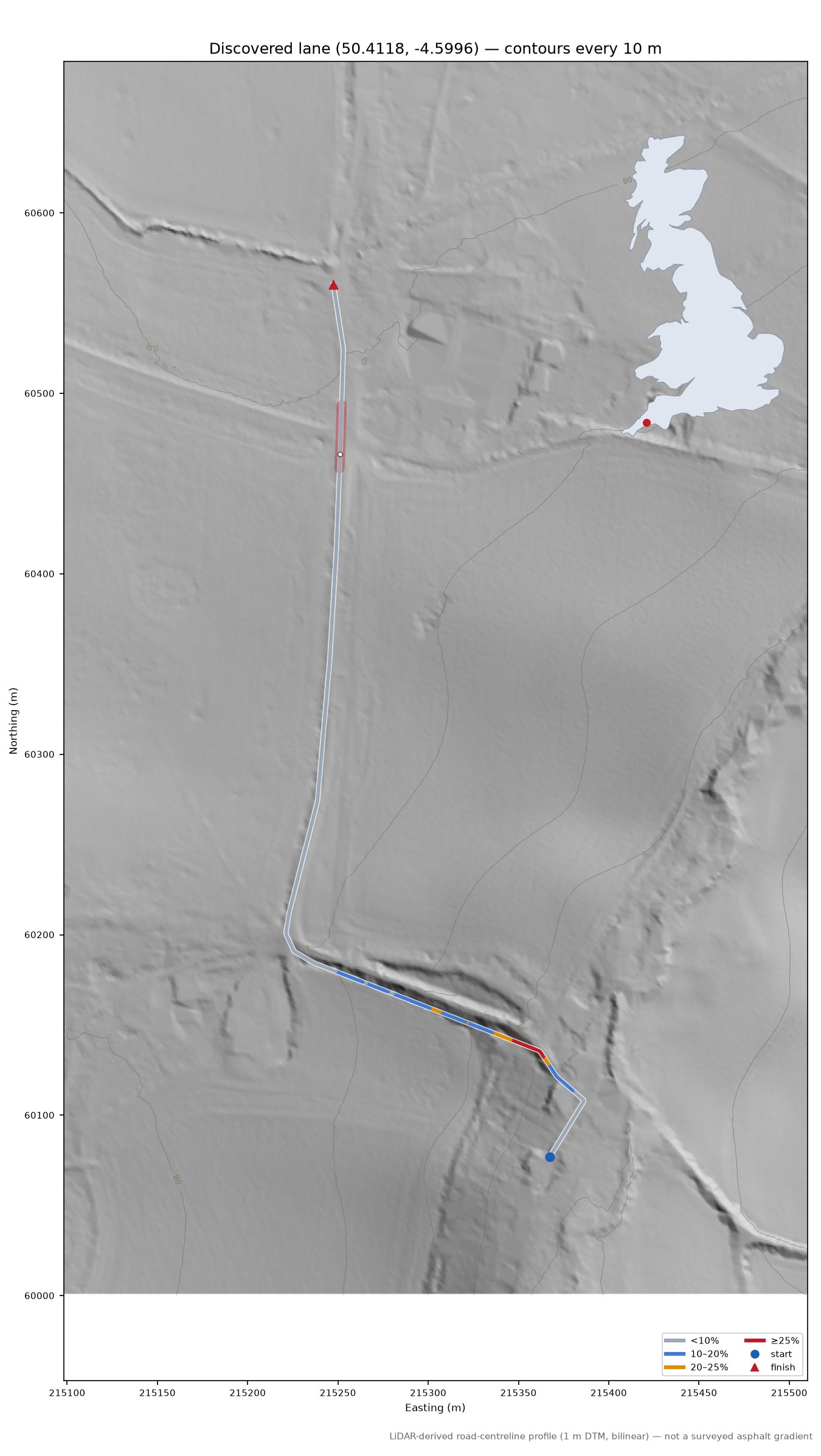Discovered lane (50.4118, -4.5996) LiDAR hillshade map with contours