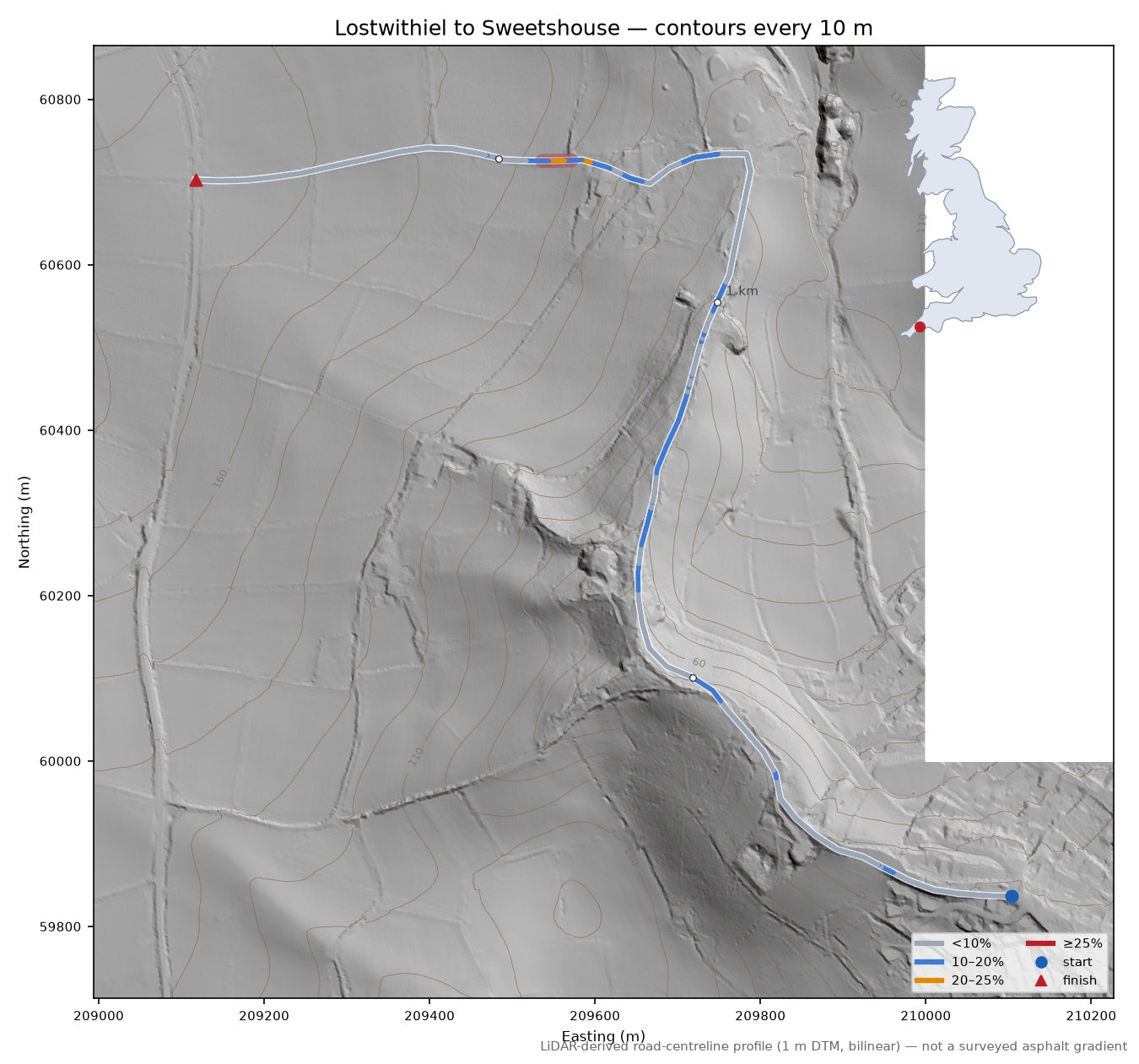 Lostwithiel to Sweetshouse LiDAR hillshade map with contours