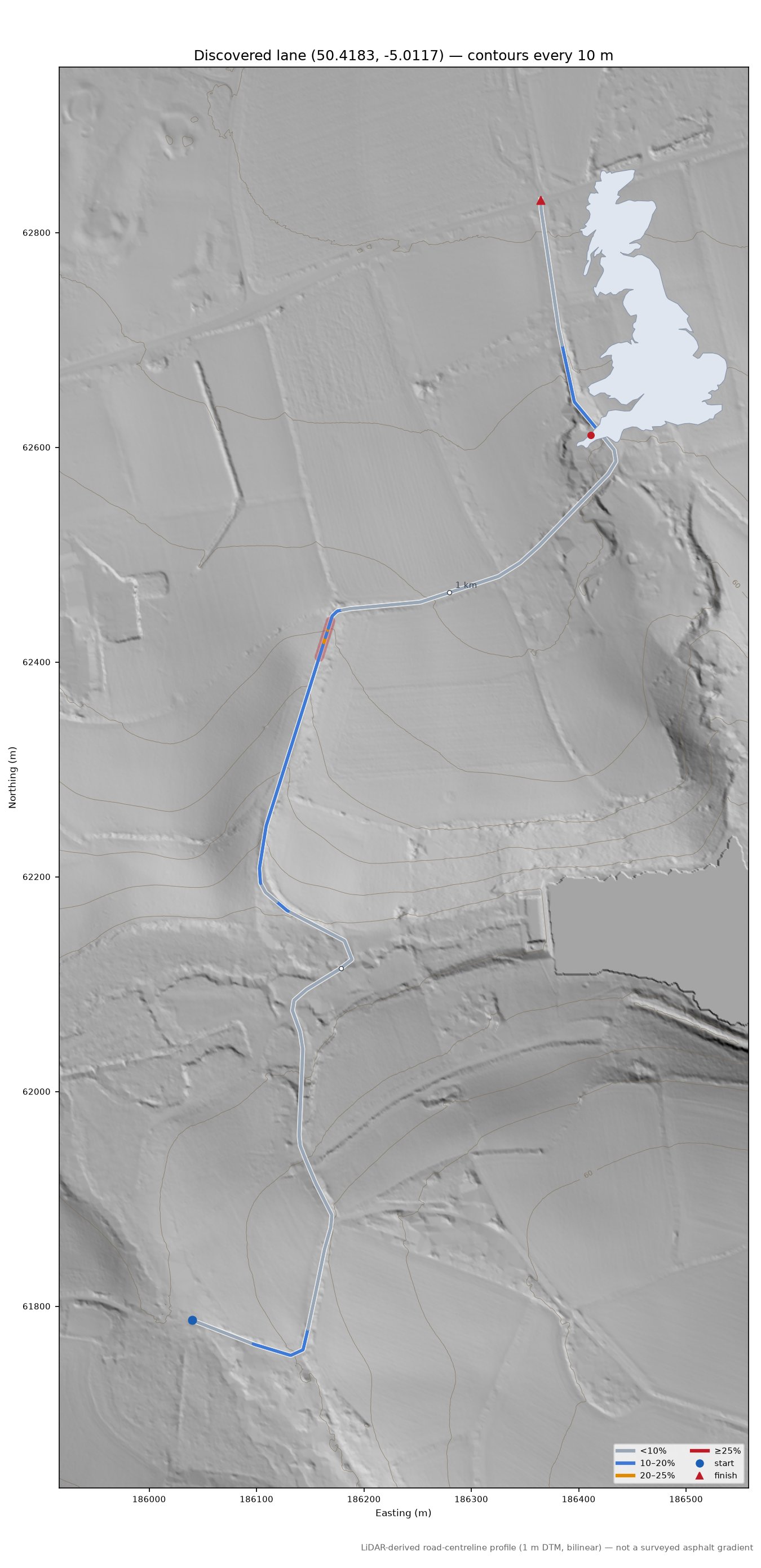 Discovered lane (50.4183, -5.0117) LiDAR hillshade map with contours