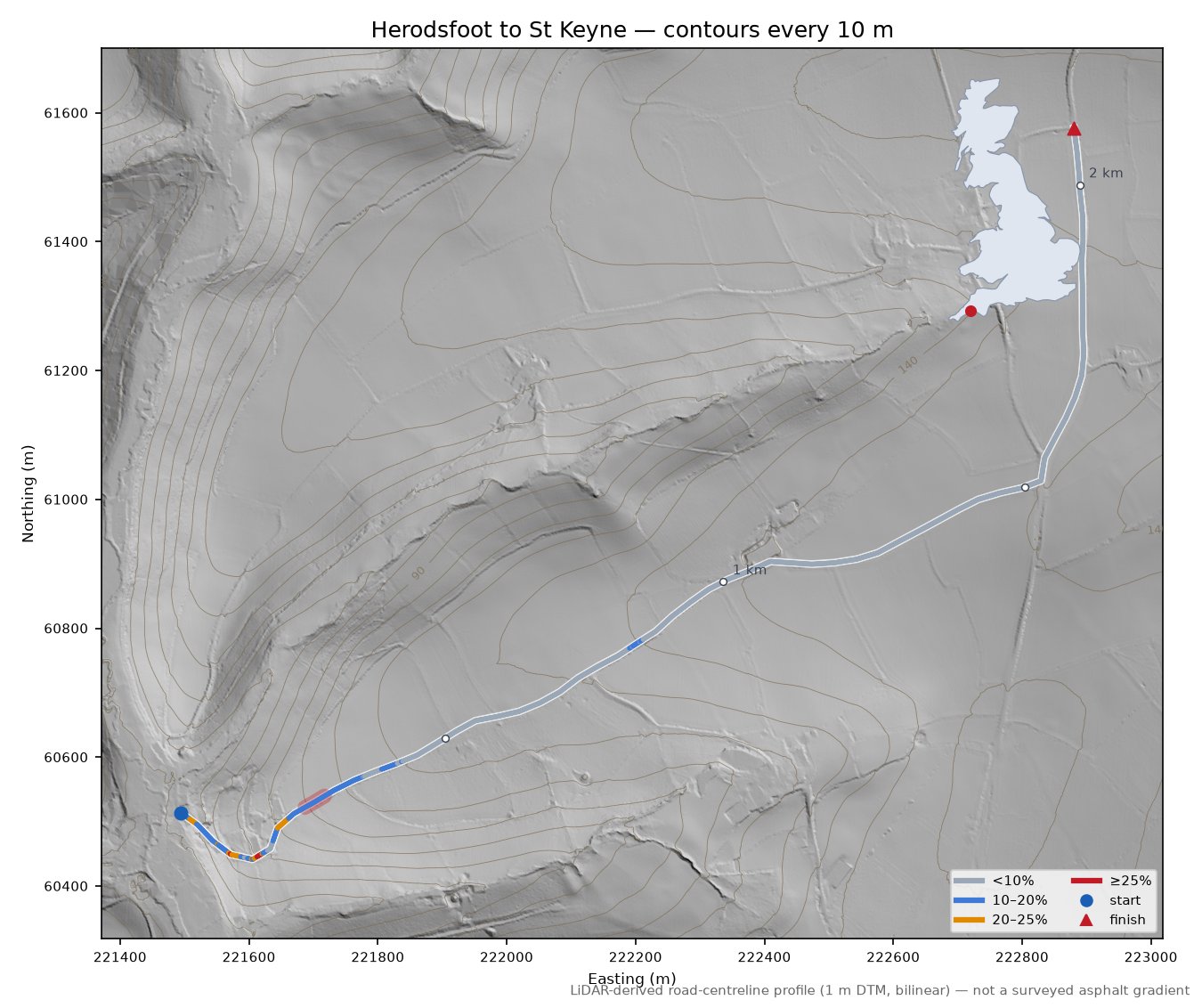 Herodsfoot to St Keyne LiDAR hillshade map with contours