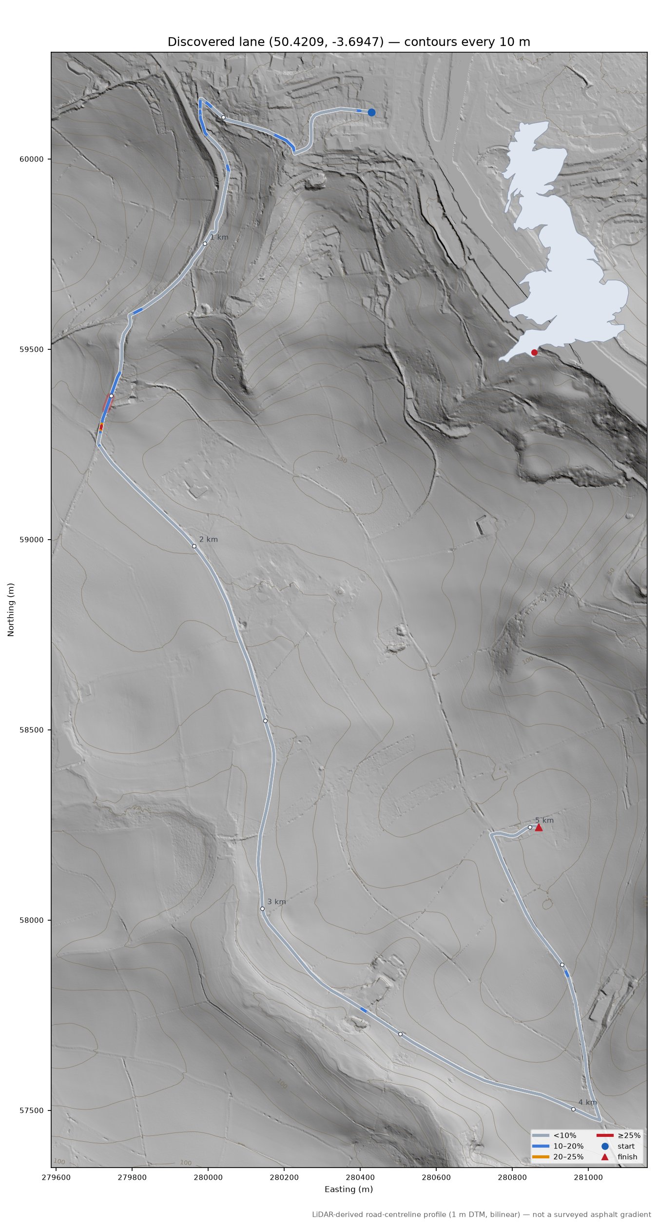 Discovered lane (50.4209, -3.6947) LiDAR hillshade map with contours
