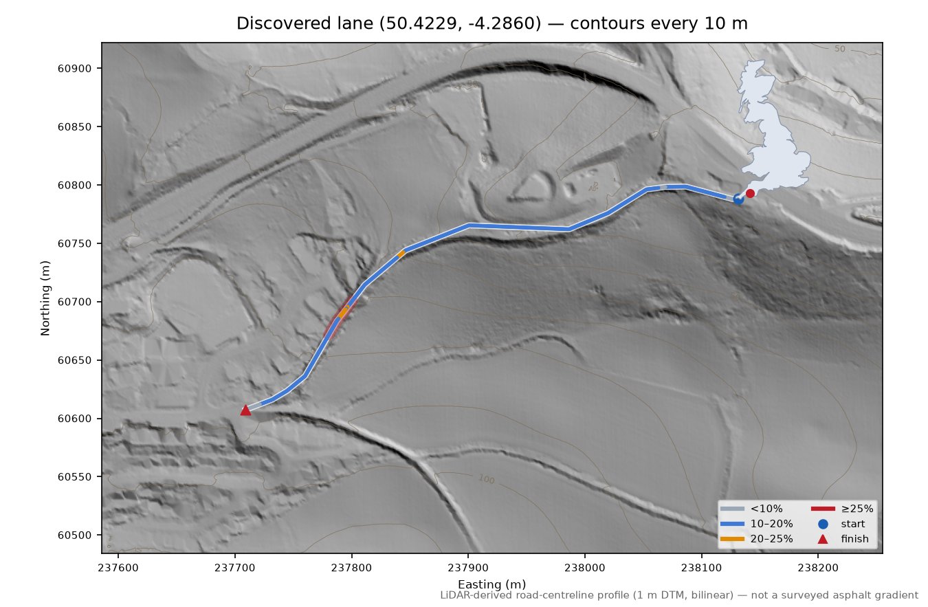 Discovered lane (50.4229, -4.2860) LiDAR hillshade map with contours