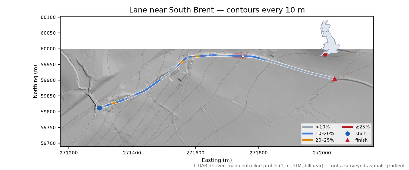 Lane near South Brent LiDAR hillshade map with contours
