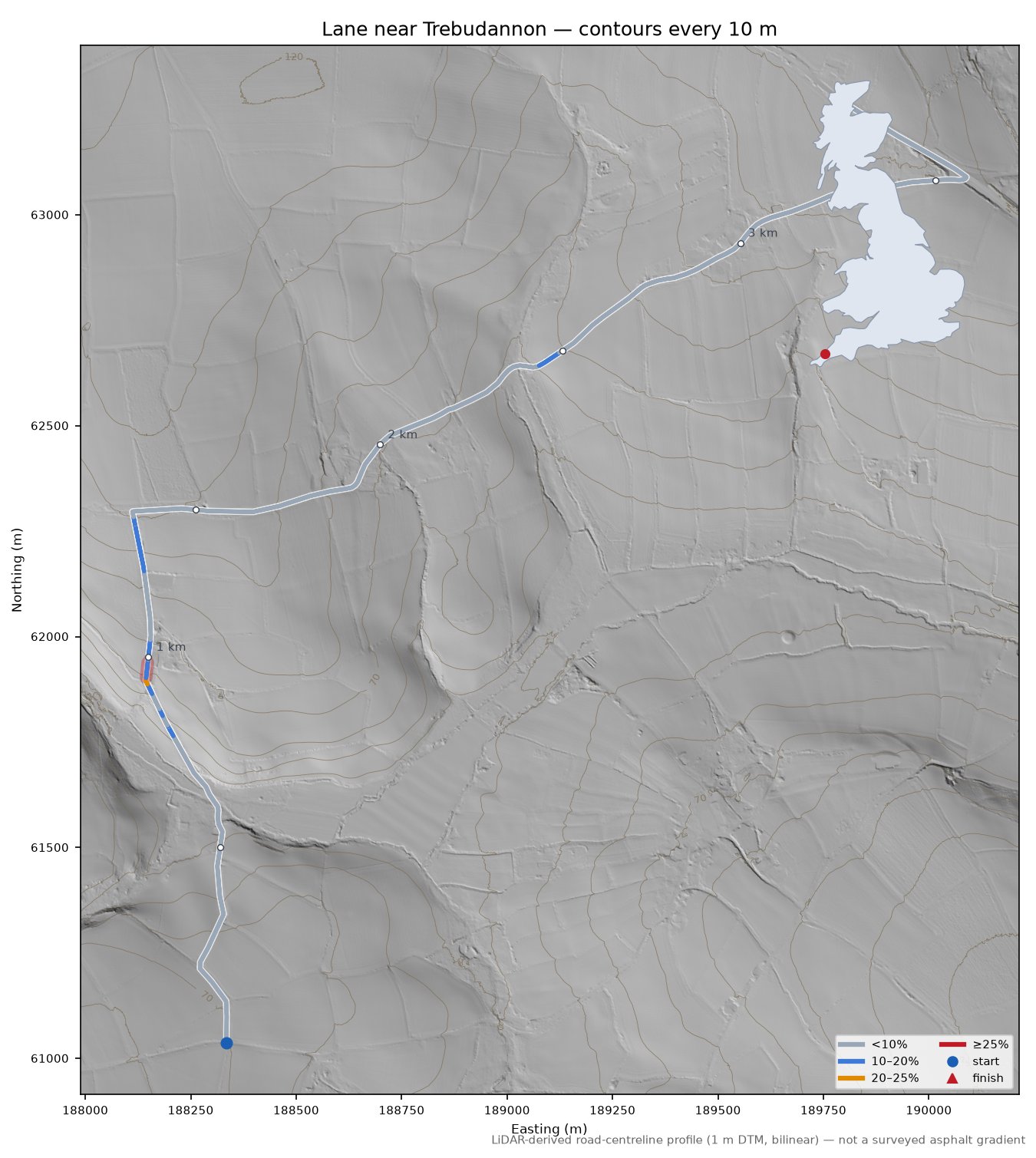 Lane near Trebudannon LiDAR hillshade map with contours