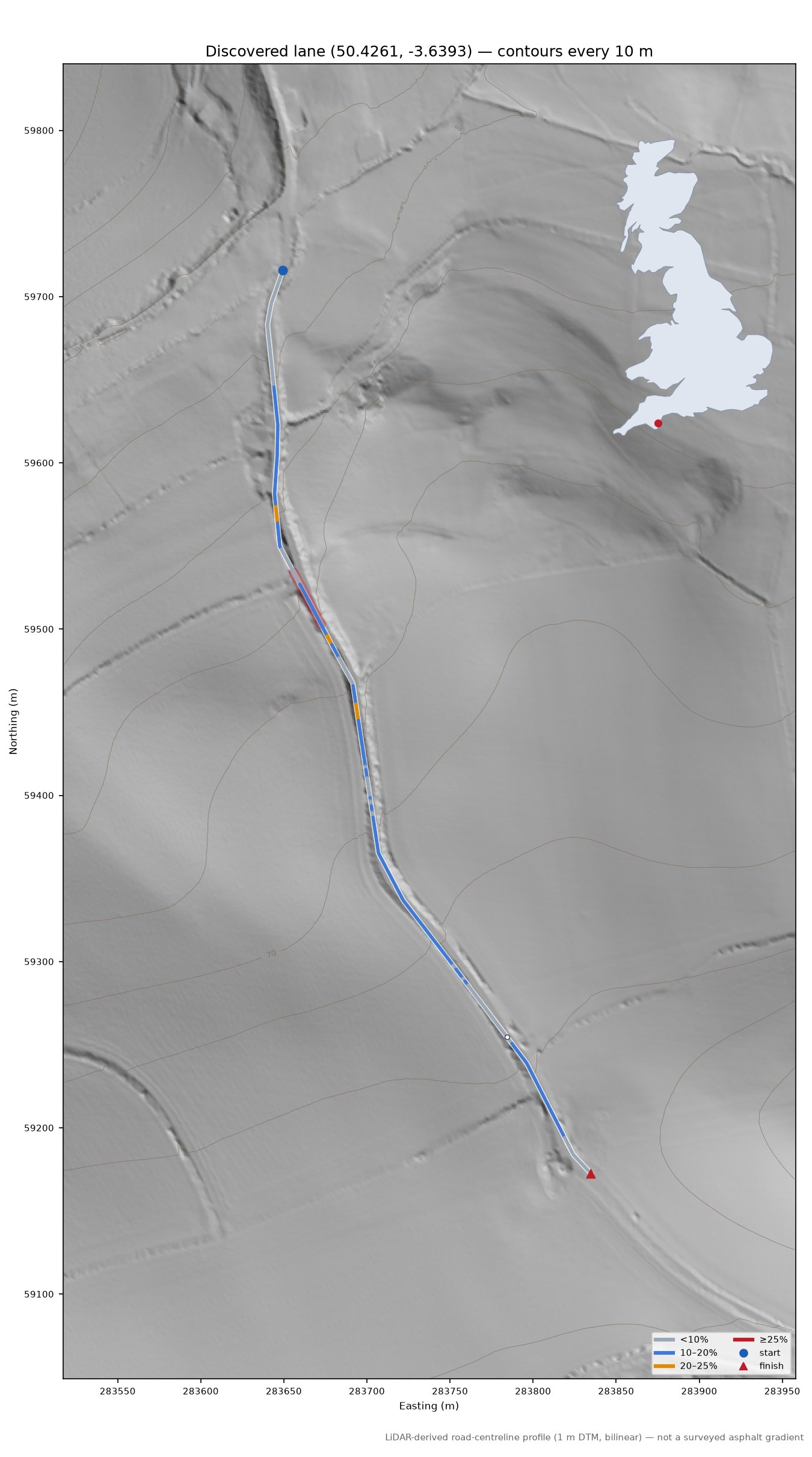 Discovered lane (50.4261, -3.6393) LiDAR hillshade map with contours