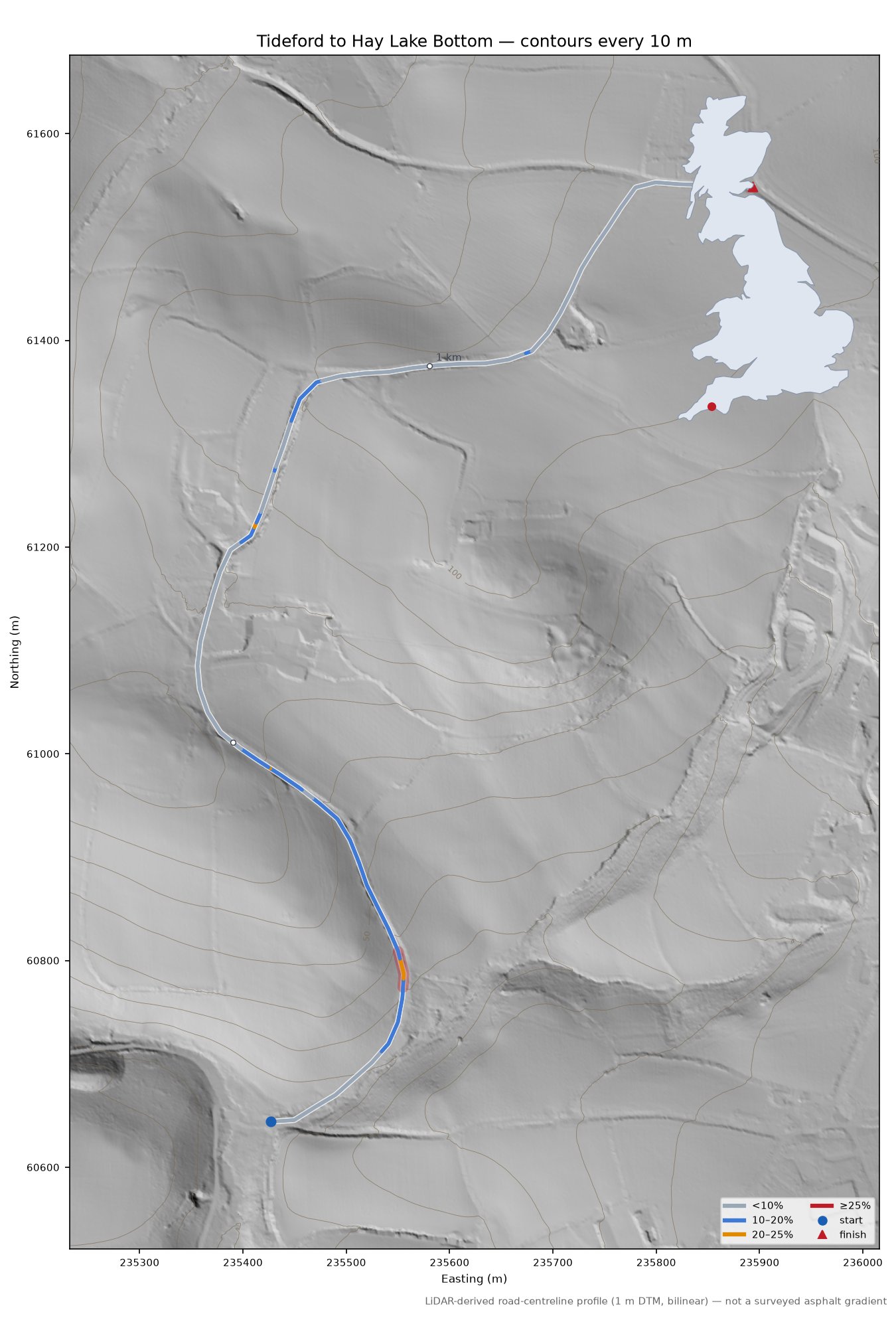 Tideford to Hay Lake Bottom LiDAR hillshade map with contours