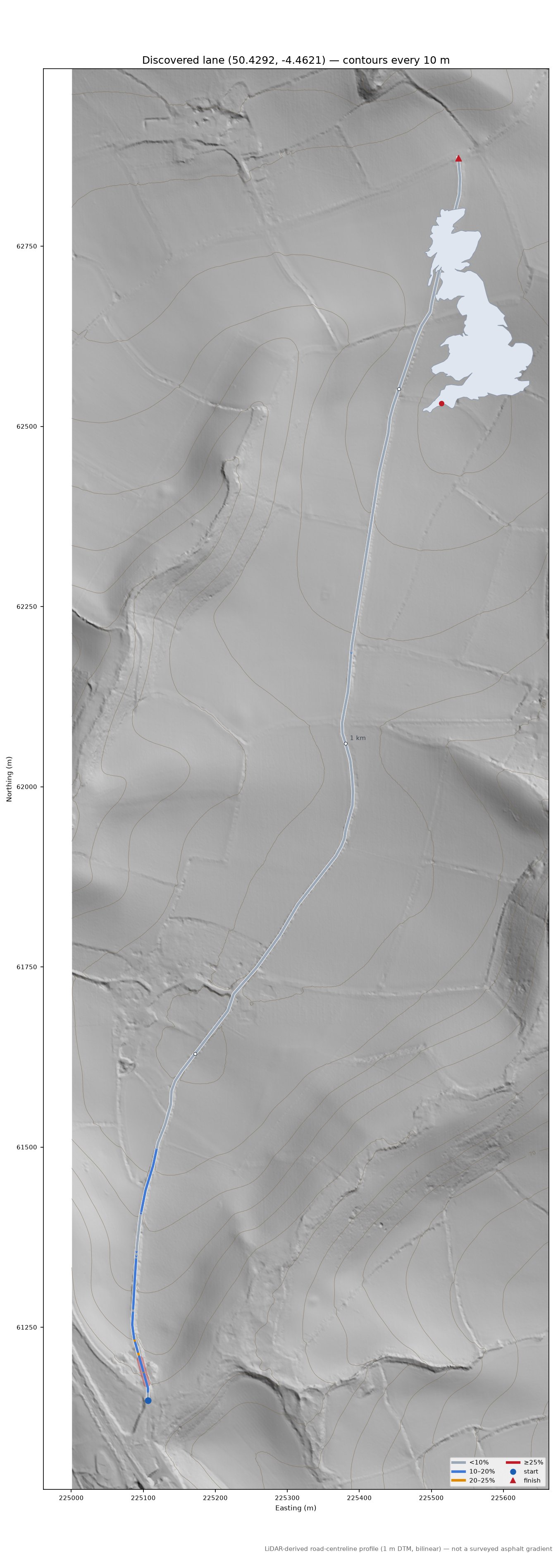 Discovered lane (50.4292, -4.4621) LiDAR hillshade map with contours