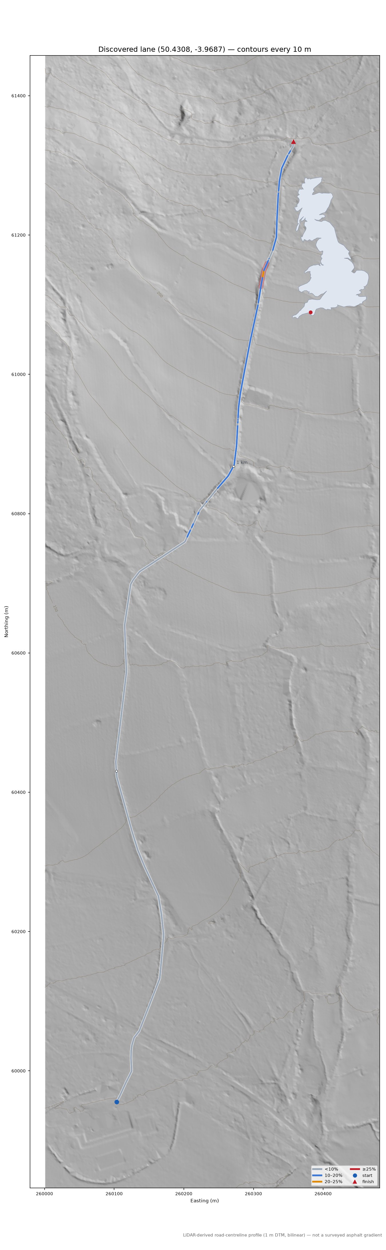 Discovered lane (50.4308, -3.9687) LiDAR hillshade map with contours