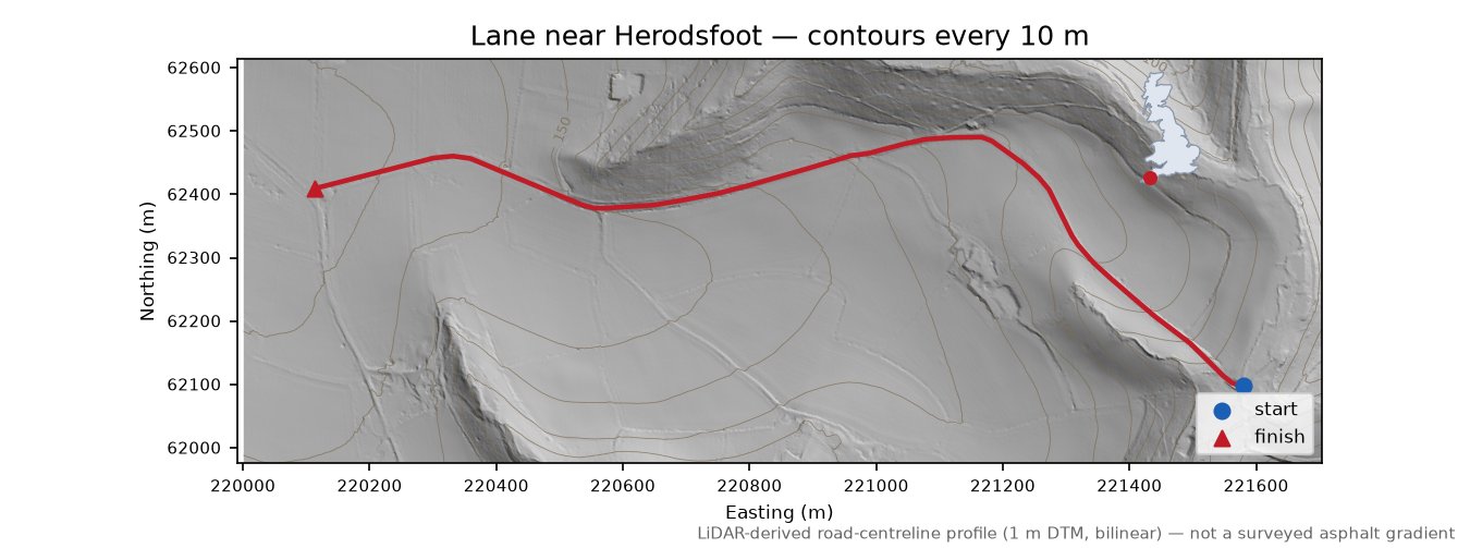 Lane near Herodsfoot LiDAR hillshade map with contours