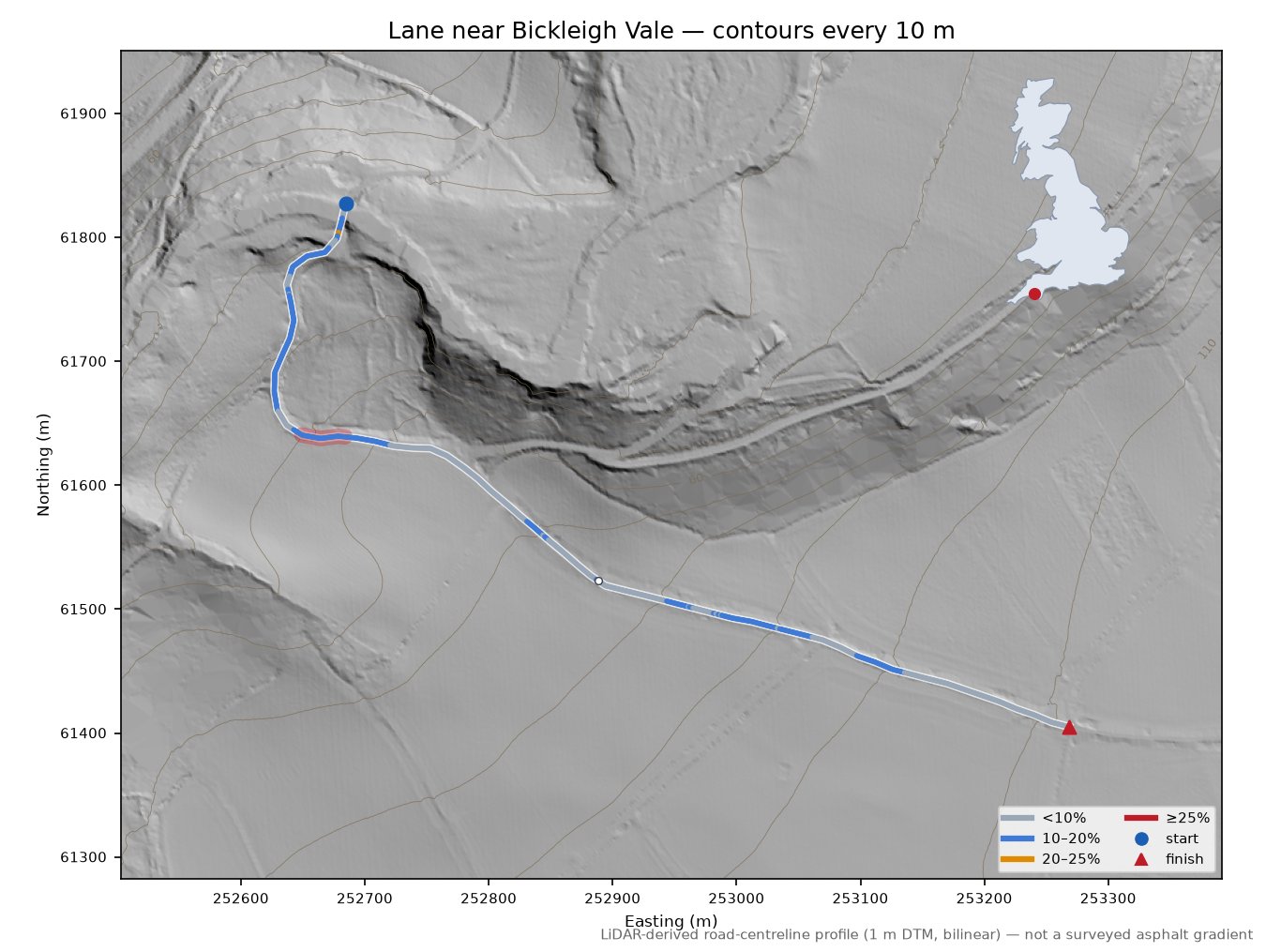 Lane near Bickleigh Vale LiDAR hillshade map with contours