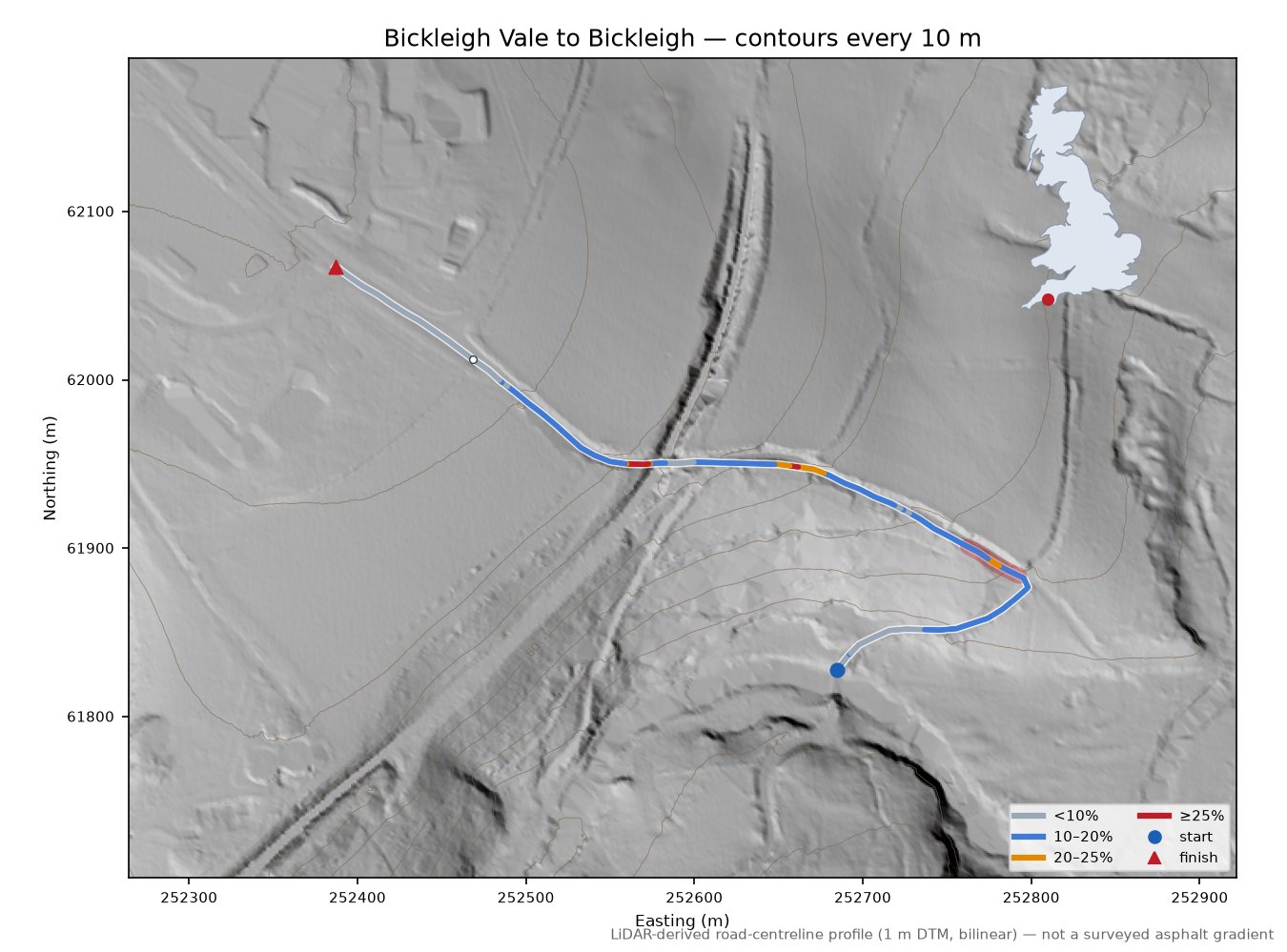 Bickleigh Vale to Bickleigh LiDAR hillshade map with contours