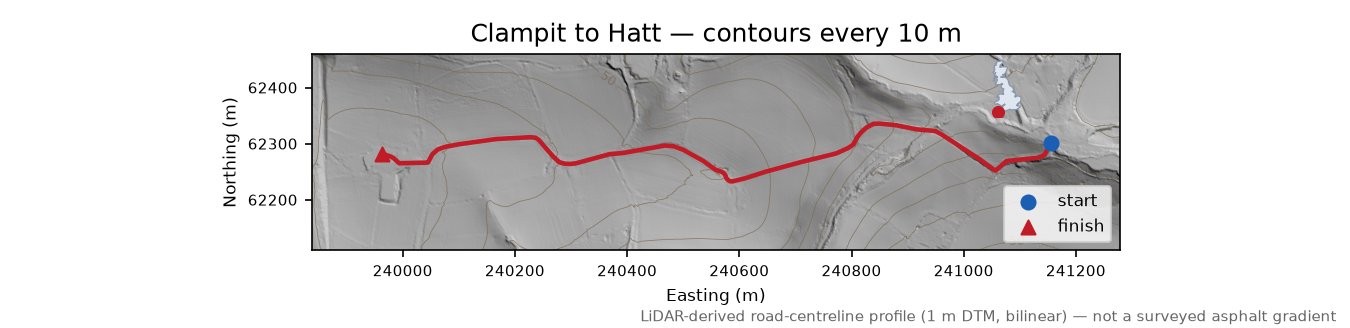 Clampit to Hatt LiDAR hillshade map with contours