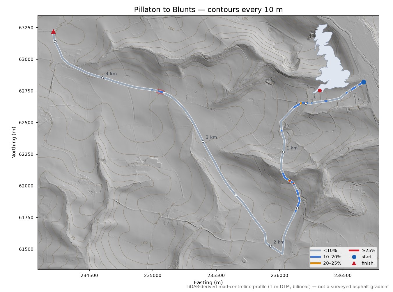 Pillaton to Blunts LiDAR hillshade map with contours