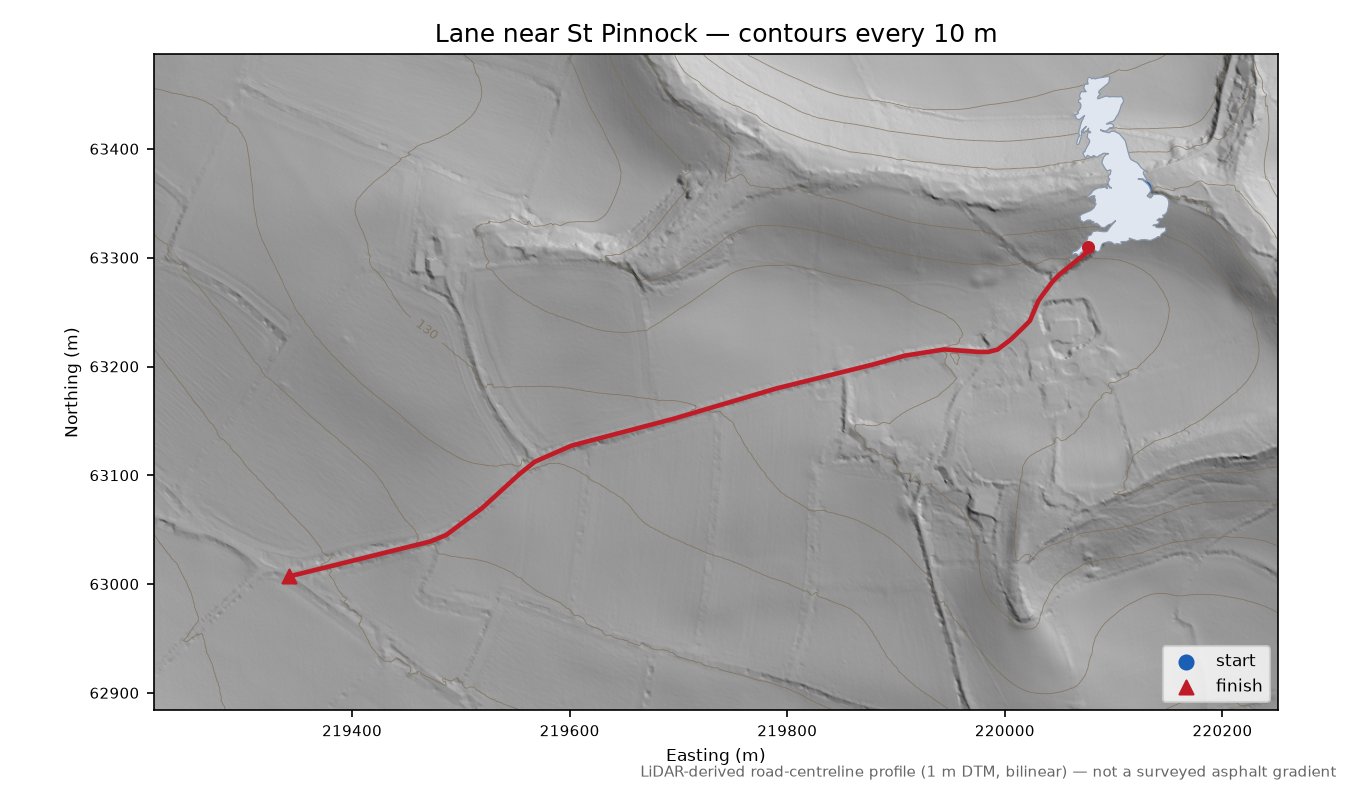 Lane near St Pinnock LiDAR hillshade map with contours