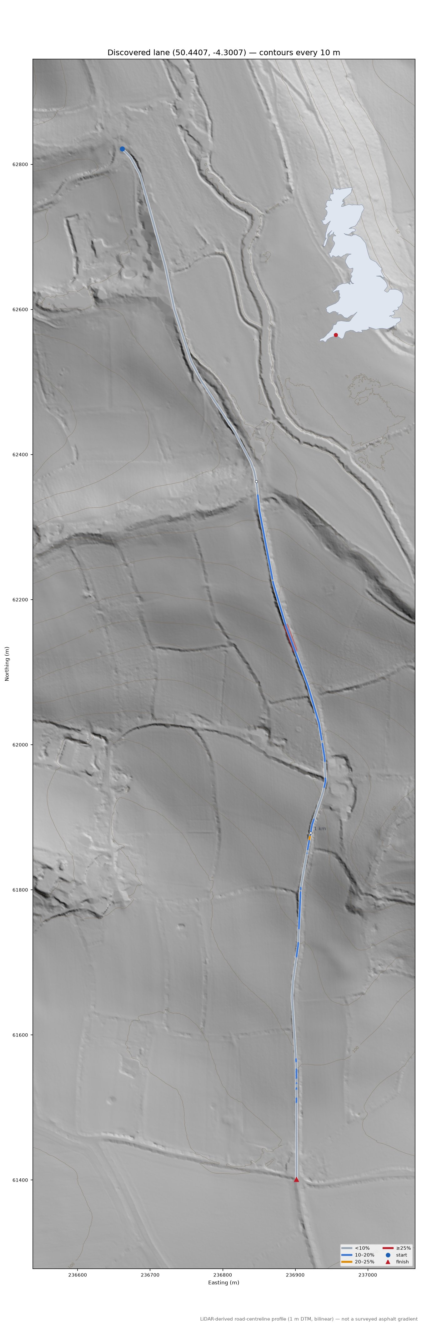 Discovered lane (50.4407, -4.3007) LiDAR hillshade map with contours