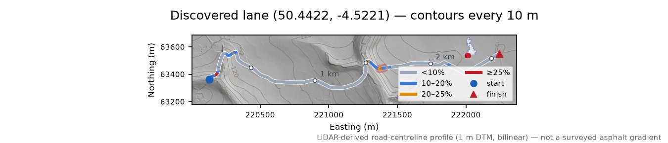 Discovered lane (50.4422, -4.5221) LiDAR hillshade map with contours
