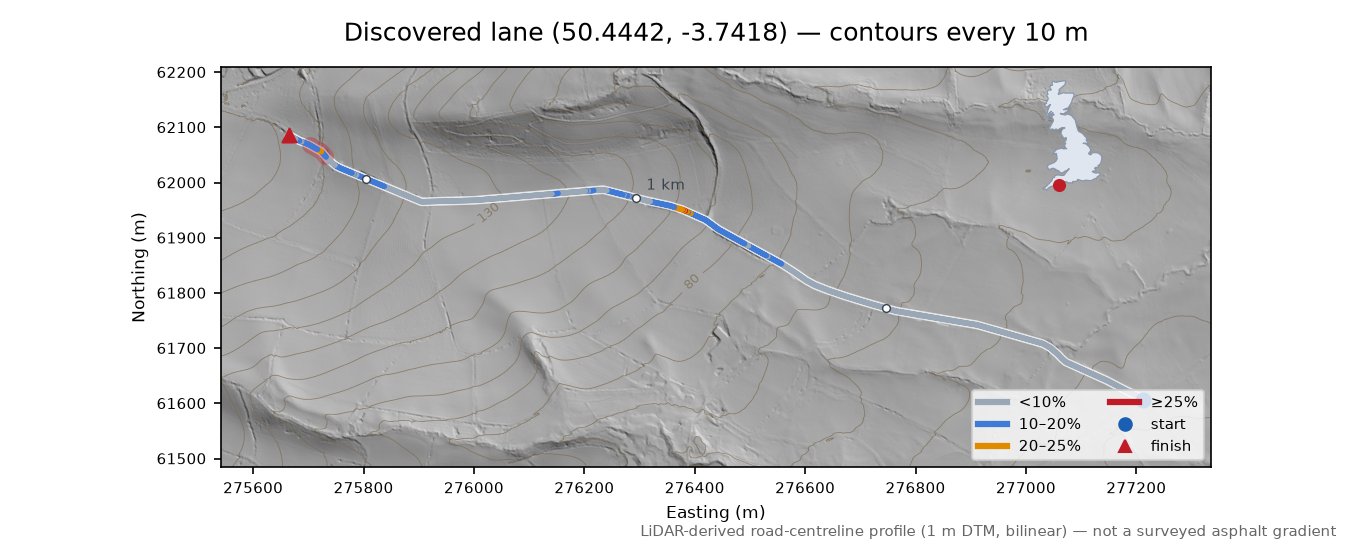Discovered lane (50.4442, -3.7418) LiDAR hillshade map with contours