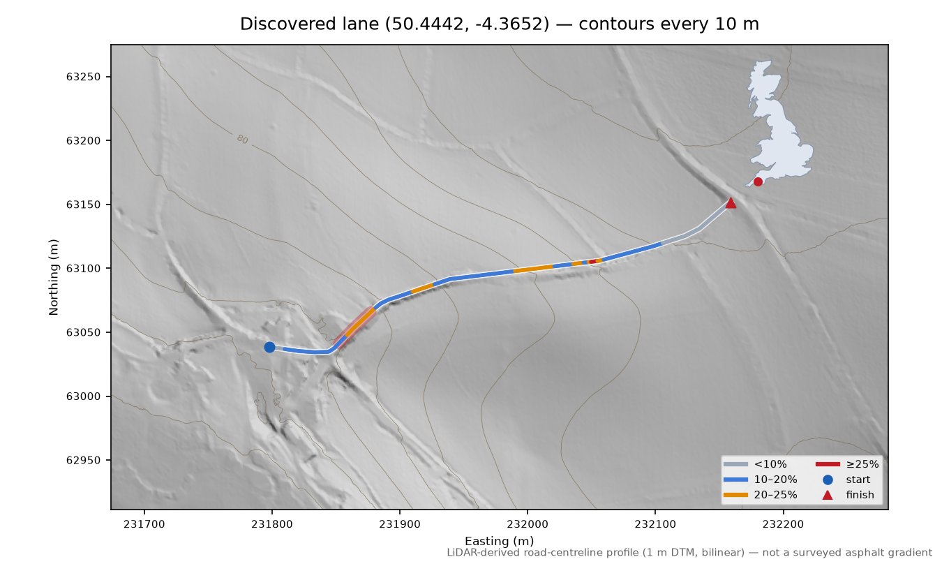 Discovered lane (50.4442, -4.3652) LiDAR hillshade map with contours