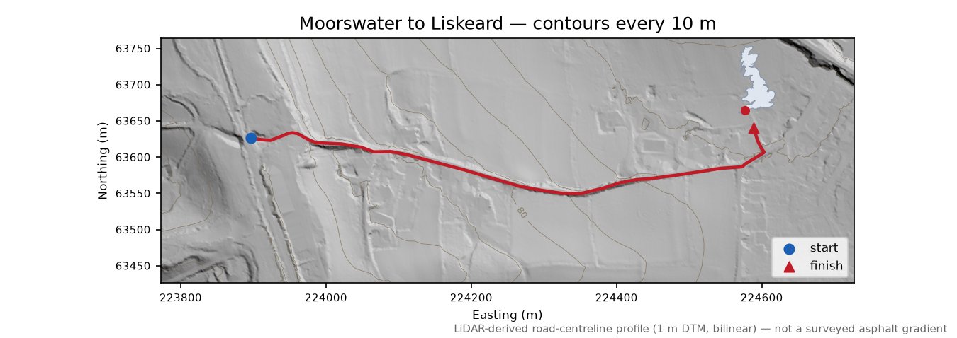 Moorswater to Liskeard LiDAR hillshade map with contours