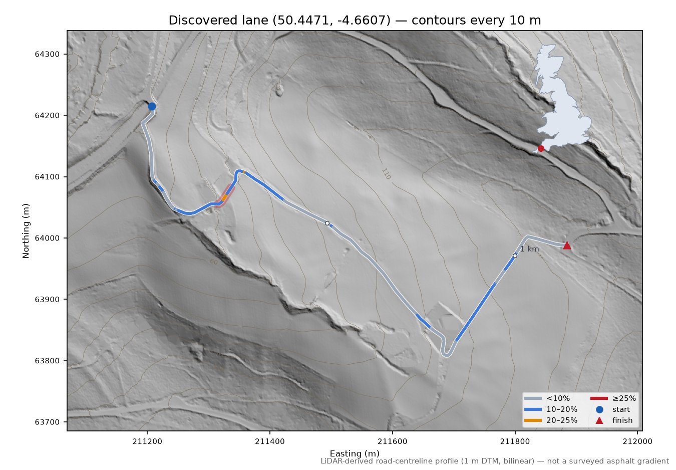 Discovered lane (50.4471, -4.6607) LiDAR hillshade map with contours