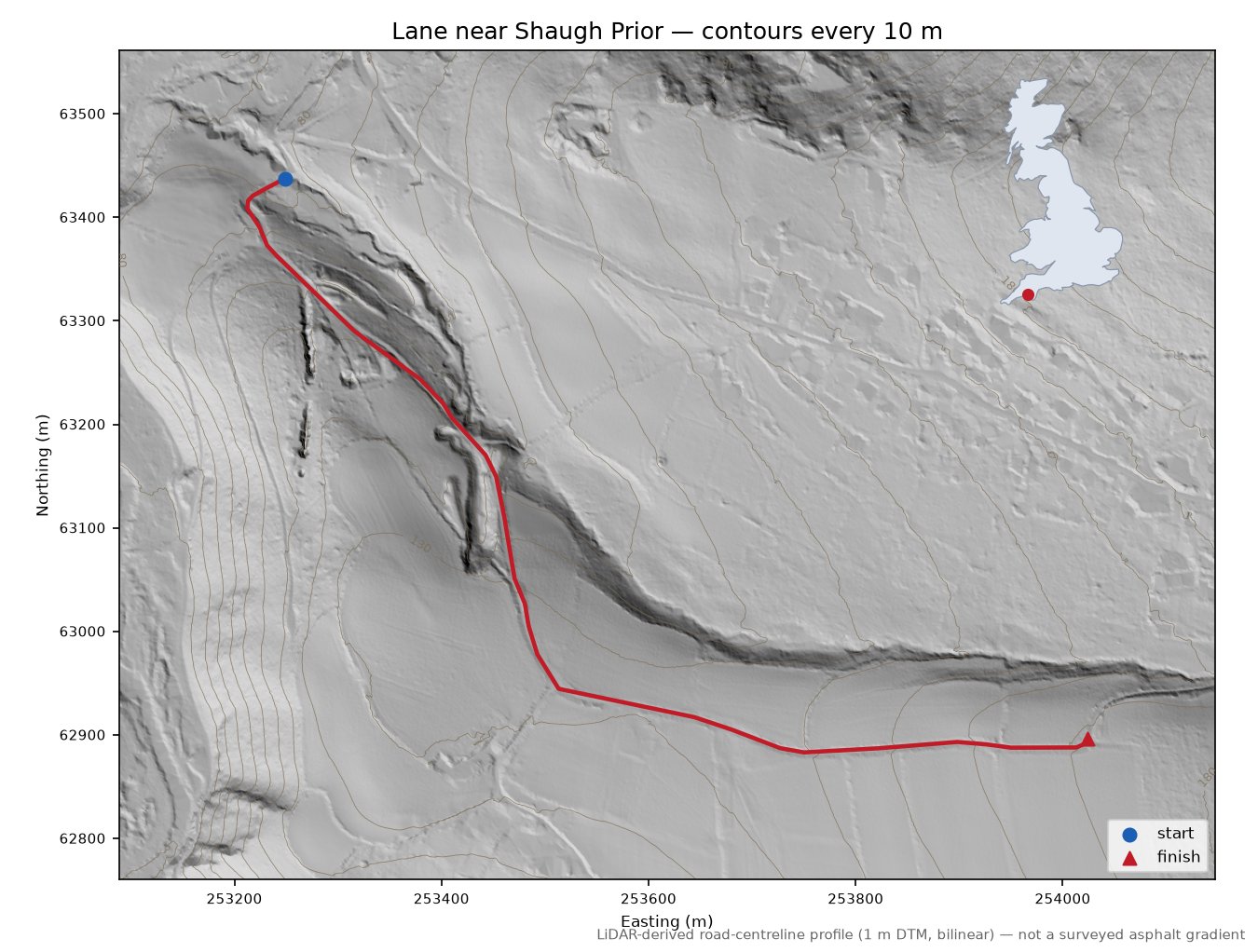 Lane near Shaugh Prior LiDAR hillshade map with contours