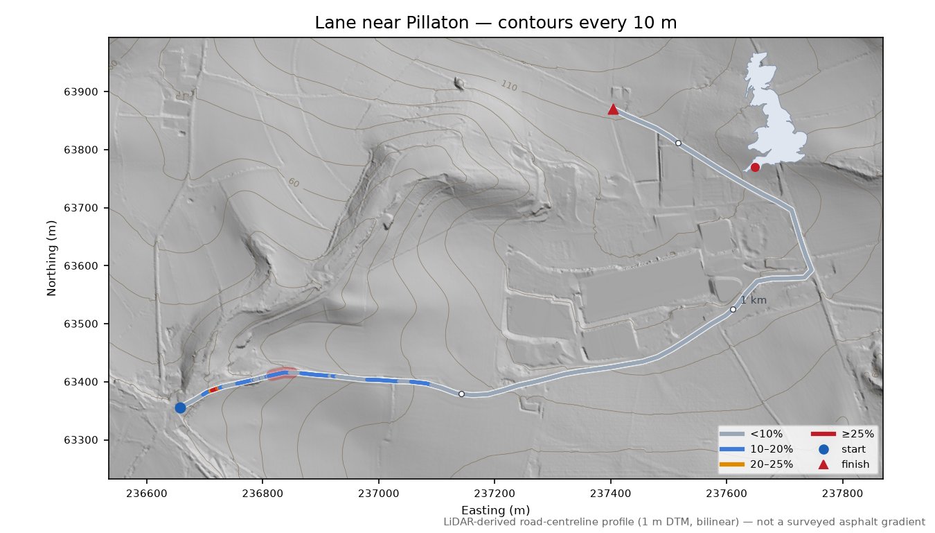 Lane near Pillaton LiDAR hillshade map with contours