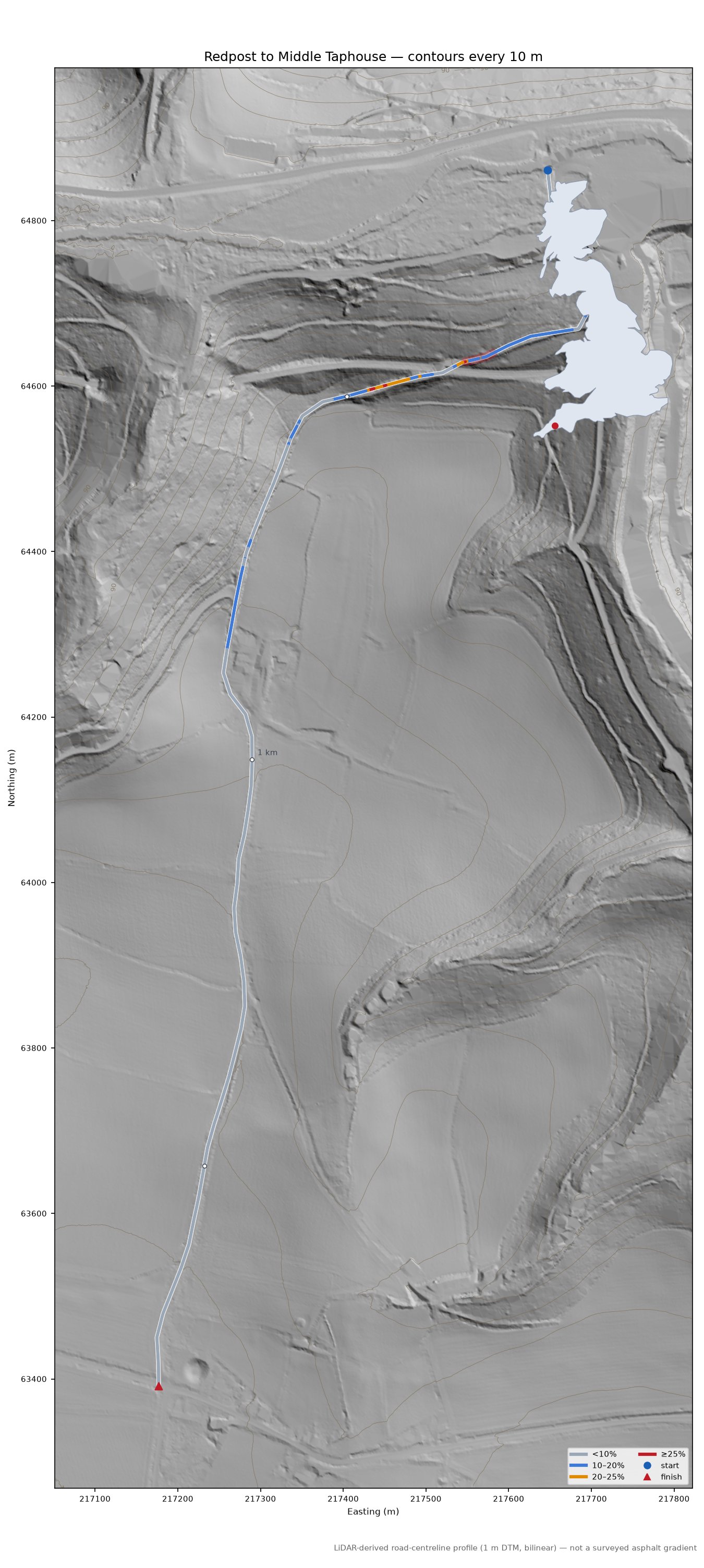 Redpost to Middle Taphouse LiDAR hillshade map with contours