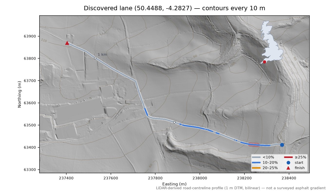 Discovered lane (50.4488, -4.2827) LiDAR hillshade map with contours