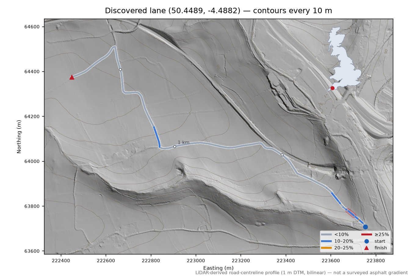 Discovered lane (50.4489, -4.4882) LiDAR hillshade map with contours