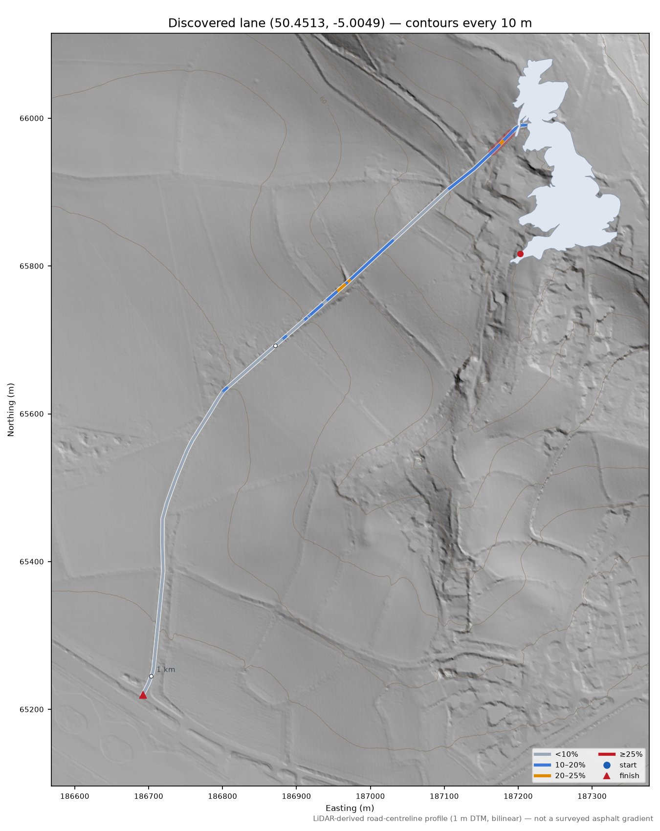Discovered lane (50.4513, -5.0049) LiDAR hillshade map with contours